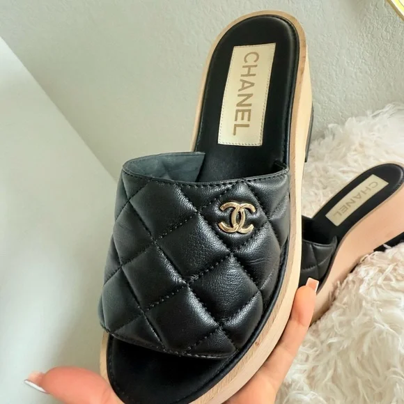 CHANEL Black and Tan Quilted Mules
